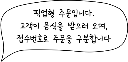 픽업형 주문입니다. 고객이 음식을 받으러 오며 접수번호로 주문을 구분합니다.